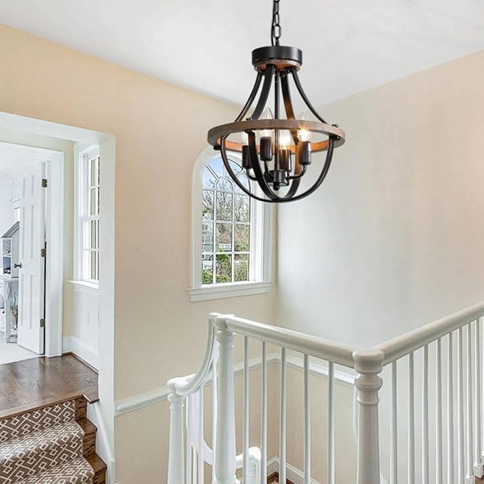 Chandeliers，Farmhouse Ceiling Chandelier Wood Black Modern Rustic Hanging Pendant Light Fixture with Chain for Dining Room Living Room Entryway Kitchen Island Bedroom Foyer Lighting（4-Light）