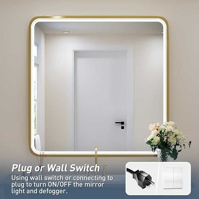 36X36 Inch LED Bathroom Mirrors,Gold Framed Dimmable Lighted Mirror for Wall, Bathroom Vanity Mirror with Lights, Anti Fog Design&6000K&Touch Switch