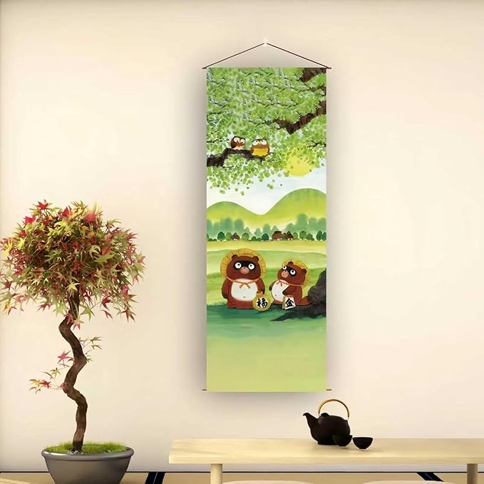 Japanese Tapestry Wall Art - Good Fortune Feng Shui & Lucky Symbols | W15.7xH47.2", Extra Long Vertical Hanging Decor for Bedroom, Living Room, Office | Washable Fabric (Lucky Raccoon) CTT-135