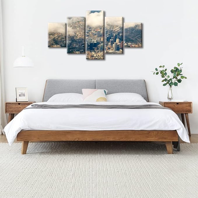 5 Pieces City Skyline Pictures Canvas Wall Art Houston Texas Cityscape Wall Decor for Living Room Aerial View of Houston Texas City Scene Modern Artwork Print on Canvas Ready to Hang (60"Wx32"H)