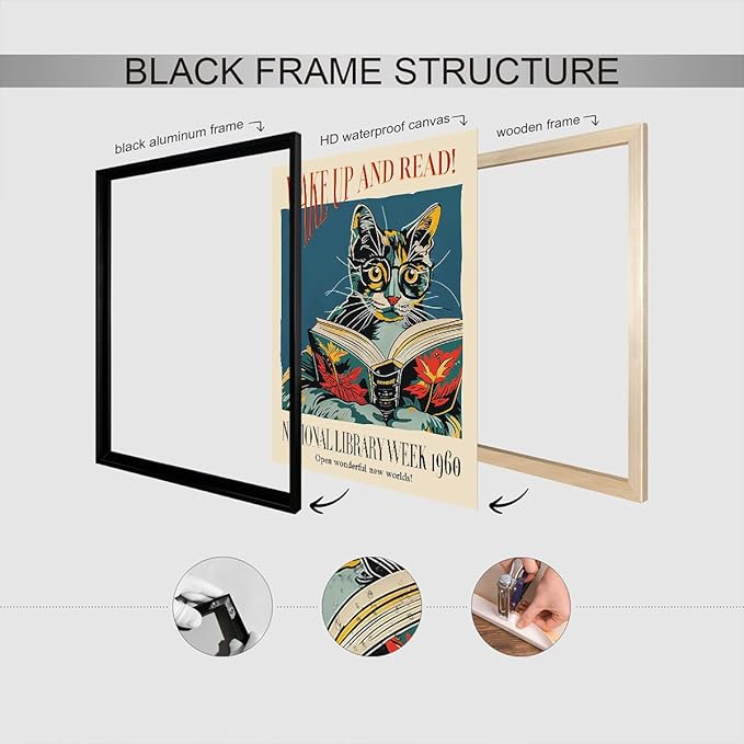 Cat and Book Poster, Wake Up and Read Inspiring Wall Art Canvas, Retro 1960 National Library Week Wall Art, Reading Art for Book Lover, Classic Gallery Wall Decor 12x16in Framed