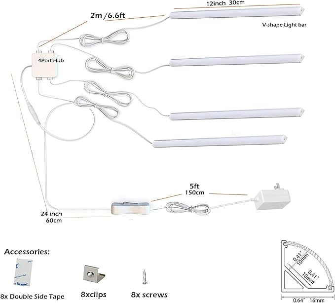 Cefrank V Shape Cabinet Lights, Warm White 4X 12 Inches V-Shape LED Light Bars - 1200lm 12W - Warm White 3000K