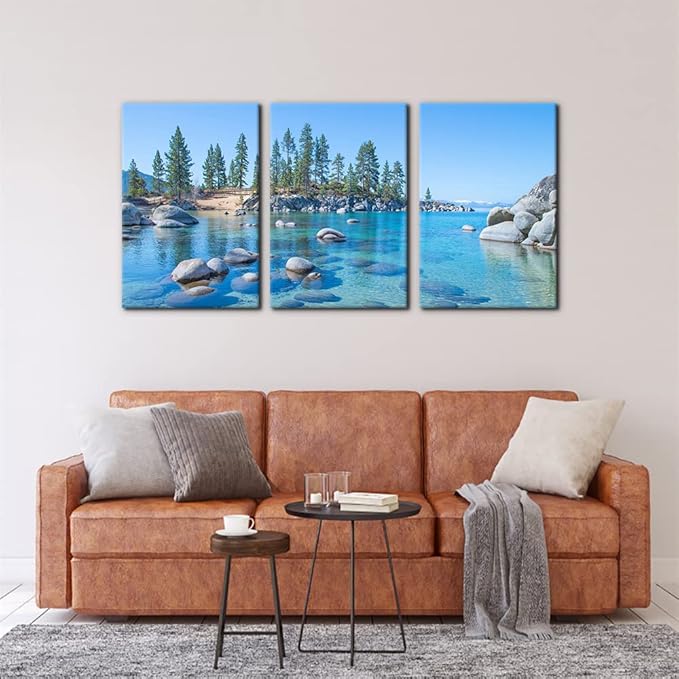 Pacimo Canvas Print Wall Art Set Vibrant Forest & Rocky Lake Landscape Nature Wilderness Photography Realism Rustic Scenic Modern Artwork Decor Stretch Framed Ready to Hang - 16 x 24 inch x 3