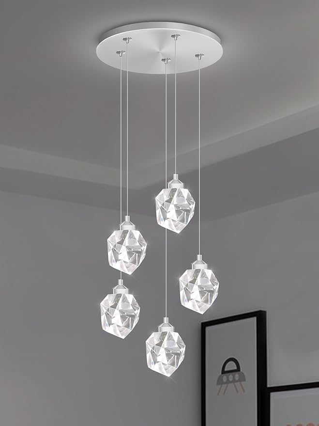 Modern LED Chrome Crystal Raindrop Chandeliers Adjustable Pendant Light for Kitchen Island 5-Light Dining Room Light Fixtures Over Table Dimmable 3000K-6000K