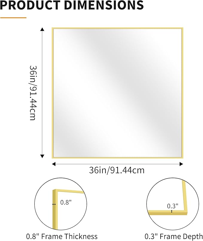 KOCUUY Large Gold Bathroom Mirror, 36x36 Inch Square Mirror for Bathroom Sink, Oversized Wall Mirror with Metal Gold Frame for Living Room, Farmhouse, Entryway, Hang Horizontal/Vertical