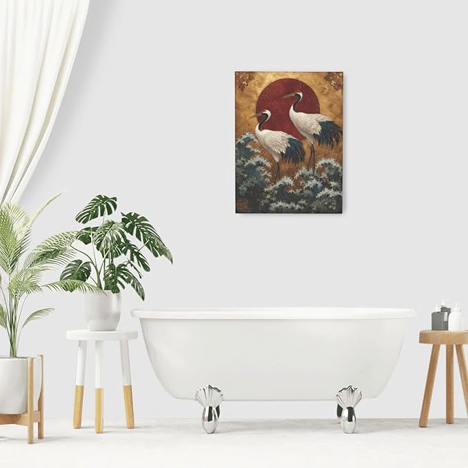 Japanese Crane Wall Art Gold Oriental Asian Wall Decor Sandhill Crane Canvas Pictures Paintings Prints Japan Traditional Aesthetic Artwork Framed Chinese Decorations For Bedroom Living Room Office Gifts 12" x 16"