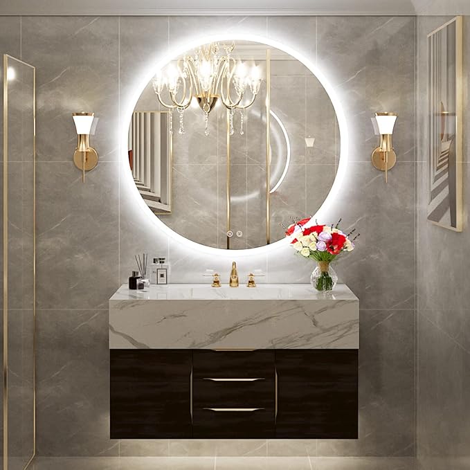 36 Inch Round LED Bathroom Mirror - 6000K Daylight Backlit, Anti-Fog & Dimmable, Frameless Waterproof Mirror with Touch Control, CRI90+, IP54 for Vanity & Makeup