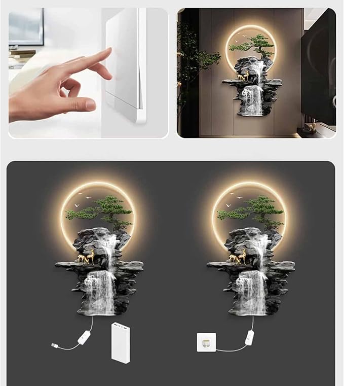 3D Oriental Waterfall Wall Art with LED Light,Oriental Welcoming Pine Landscape for Living Room Office Decor,Modern Art Wall Decor Sculptures, Plug-in Power Supply, Remote Control（50 * 75cm）