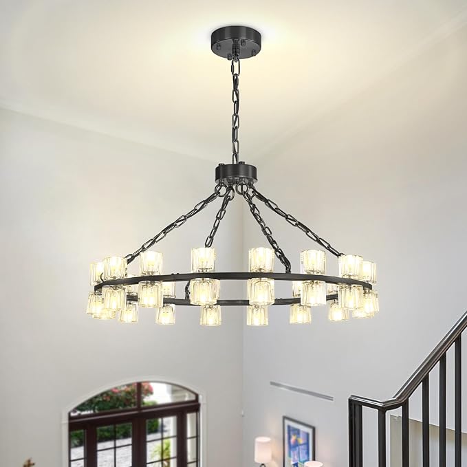 Black Wagon Wheel Chandeliers Modern 32-Lights Black Round Chandelier Crystal Chandeliers for Dining Room,Living Room Vintage Chandelier for Foyer Hallway