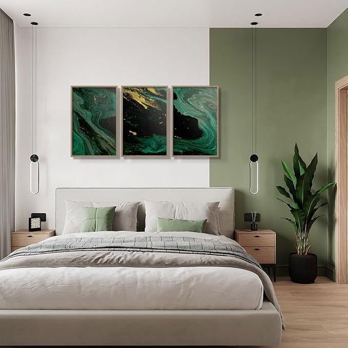 3pcs Wood Framed Green Black Abstract Canvas Wall Art - Deep Space Artwork - Modern Decorative Abstract Prints Posters - Living Room Bedroom Decorative Paintings Gallery Style Wall Hanging Pictures