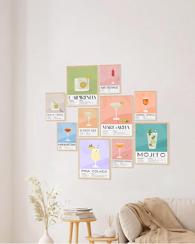 KBKBART Vintage Cocktail Poster Set of 10, Retro Bar Cart Accessories, Colorful Cocktail Wall Art, Funky Drink Aesthetic Pictures for Bar Cart Decor, Preppy Bar Art Prints for College Dorm Apartment - Unframed