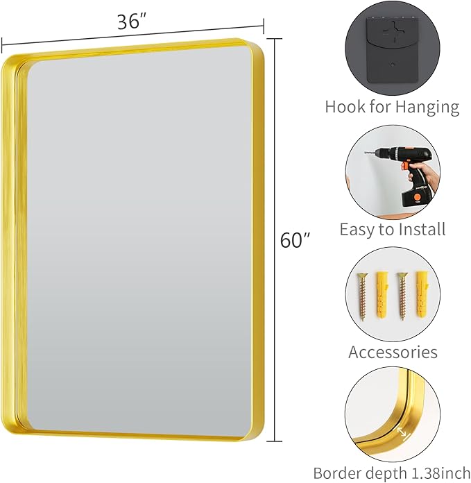 Koonmi Gold Wall Mirror for Bathroom, 36x60 Inch Matte Deep Framed Rounded Rectangle Vanity Mirror for Farmhouse Living Room, Tempered Glass, Anti-Rust, Vertically or Horizontally