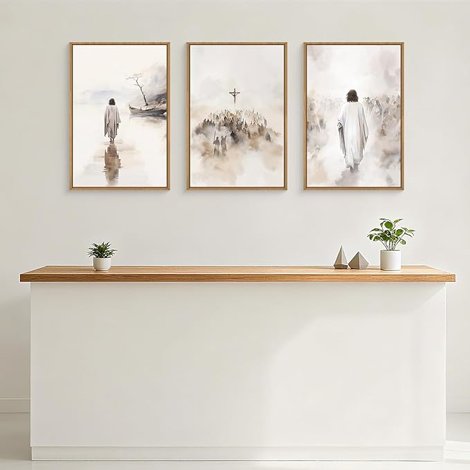 Jesus Walking on Water Canvas Wall Art,Boho Jesus Crucified Framed Wall Decor,Religious Christian Artwork,Holy Gathering Art Print for Living Room,Bedroom,Office-16 x24 x3