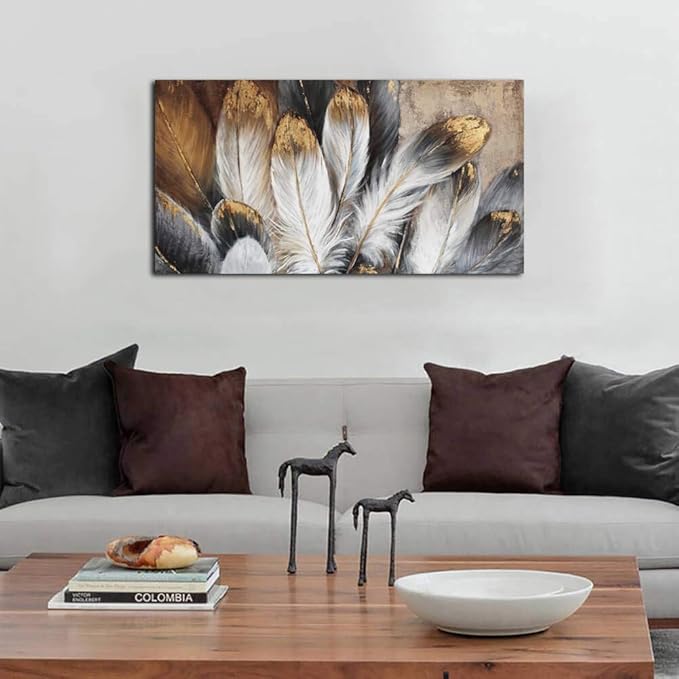 Mofutinpo Feather Wall Art Modern Living Room Bedroom Wall Decoration Large Giclee Print Canvas Painting Artwork for Home Decor One Piece White Gold Brown Feather Picture Ready to Hang 24x48 Size