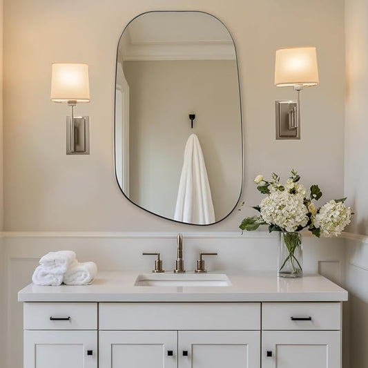 ANDY STAR 24"x40" Asymmetrical Wall Mirror，Brushed Nickel Irregular Bathroom Mirror with Stainless Steel Metal Frame, Wall-Mounted Mirror for Bathroom, Entryway (Horizontal/Vertical)