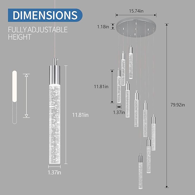 9 Light Living Room Chandelier Chrome Crystal Pendant Lights LED Dimmable 54W 6000K Staircase Large Chandelier Lobby Living Room Foyer High Ceiling Chandeliers