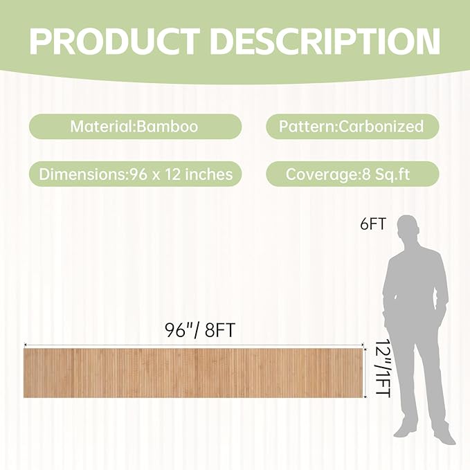 Bamboo Wall Panels for Interior Wall Decor（12"H x 96"L）Natural Wainscoting Panels Wall Paneling for Living Room Decor, Tiki Bar,Kitchen,Ceiling Tiles, Pole Wrap Wood Roll,Wall Decor for Bedroom