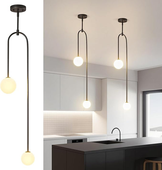 Modern Milk Glass Pendant Light 2 Light Mid Century Chandelier Small Glass Globe Black Pendant Lights for Kitchen Island Bedroom Dining (Metal Tube Removable, 2 Pack)