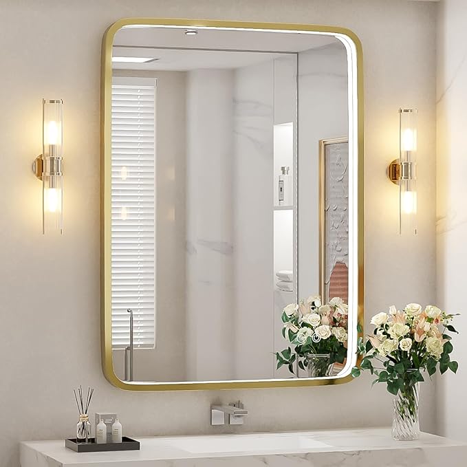 28x36 Inch LED Bathroom Mirror with lights,Wall Mounted Lighted Vanity Mirrors with Non-Rusting Gold Metal Frame Anti-Fog Memory Funtion Stepless Dimmable for Bathroom Decor(Horizontal&Vertical)
