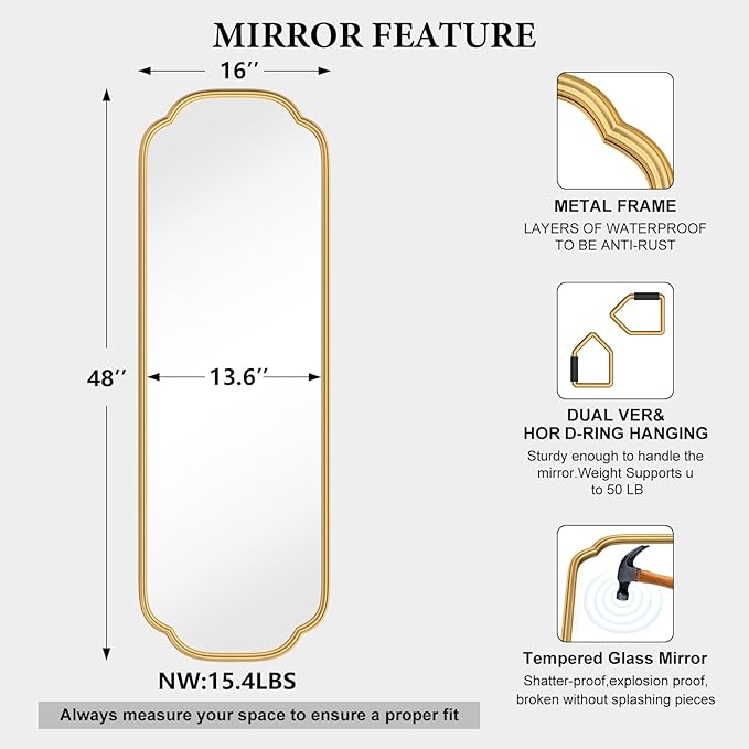 48"x16" Gold Door Mirror Full Length Over The Door with Non-Rusting Metal Frame, Modern Full Body Mirror Bedroom Closet Bathroom