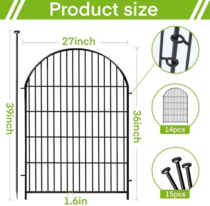 ADAVIN Garden Fence Animal Barrier with Gate 36 in(H)×30.6 Ft(L) 14 Panels,Rustproof Metal Wire Tall Fencing Border for Dogs Rabbits,Outdoor no dig pet Fences, Arched Black Flower Edging for Yard