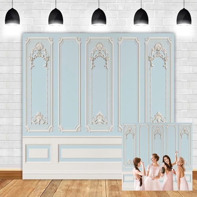 Leyiyi 10x10ft Blue White Vintage Room Inside Backdrop European Frame Modern House French Castle Cementery Wall Retro Style Photo Background Cowboy Kids Birthday Portrait Studio Props Vinyl Wallpaper