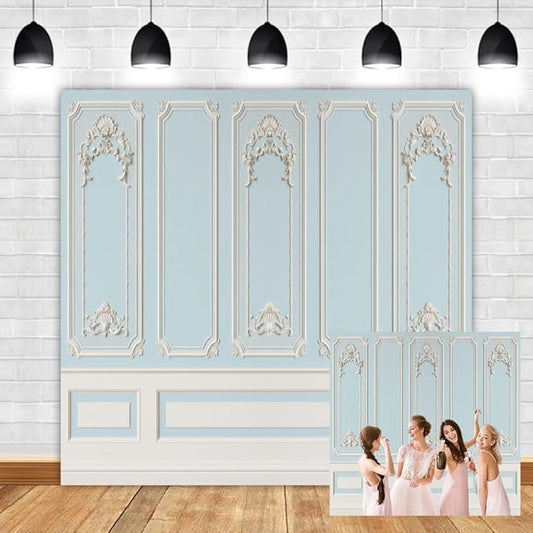 Leyiyi 10x10ft Blue White Vintage Room Inside Backdrop European Frame Modern House French Castle Cementery Wall Retro Style Photo Background Cowboy Kids Birthday Portrait Studio Props Vinyl Wallpaper