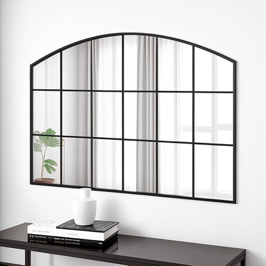 Arch Windowpane Wall Mirror,42x28 Wide Arched Mantel Farmhouse Black Window Pane Mirror for Bathroom,Entryway,Hallway,Living Room,Fireplace