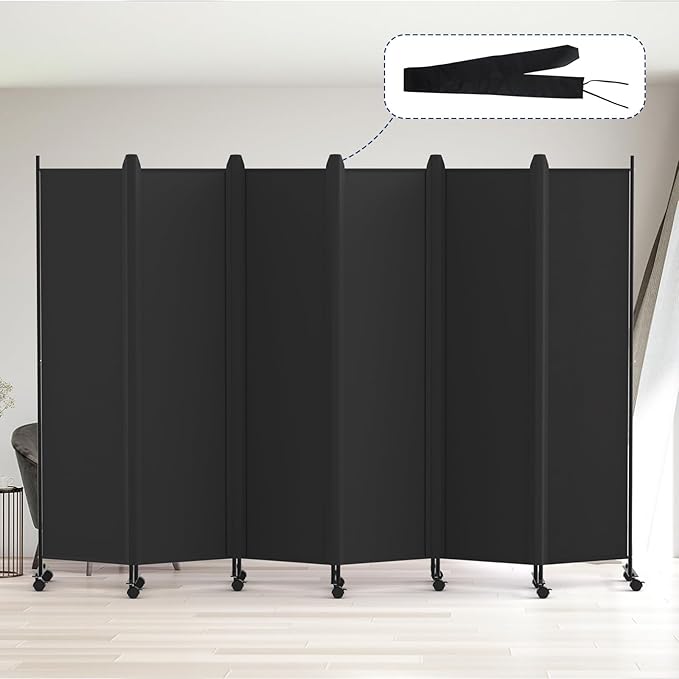 Kokorona 6 Panel Room Divider, 6FT Tall Rolling Privacy Screen with Lockable Wheels, Folding Wall Dividers Portable Room Divider for Room Separation, Included - Cover Strips, Black, 119''W x 70''H