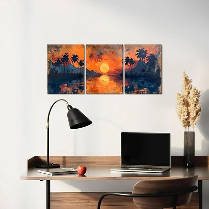 MAMAGO Sunset Beach Wall Art Tropical Palm Trees Canvas Print Picture Oil Painting Style Coastal Landscape Living Room Bedroom Bathroom Wall Decor Framed Easy to Hang-12”W x 16”Hx3pcs