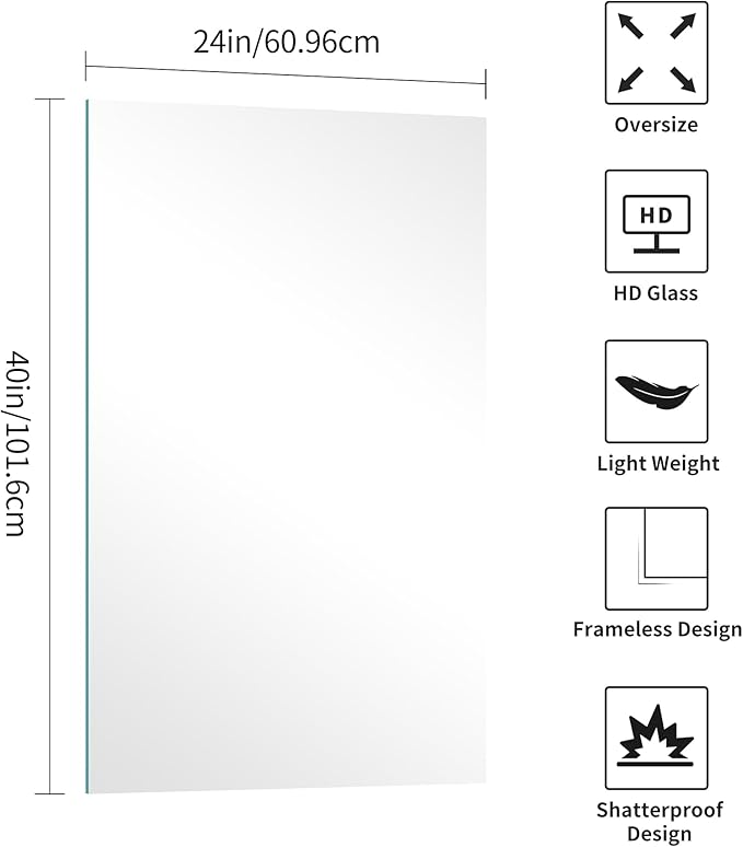 KOCUUY Frameless Mirror, 24"x40" Bathroom Mirror for Over Sink, Large Rectangle Mirror for Wall, Upgraded Shatterproof, Unframed Vanity Mirror for Bathroom, Bedroom, Living Room, Entryway