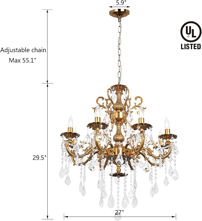 Antique Gold Crystal Chandelier Lighting 8-Light Contemporary Chandeliers Classic Crystal Candle Island Lighting Dining Room Foyer Entrance Chandelier Light Fixture 27"