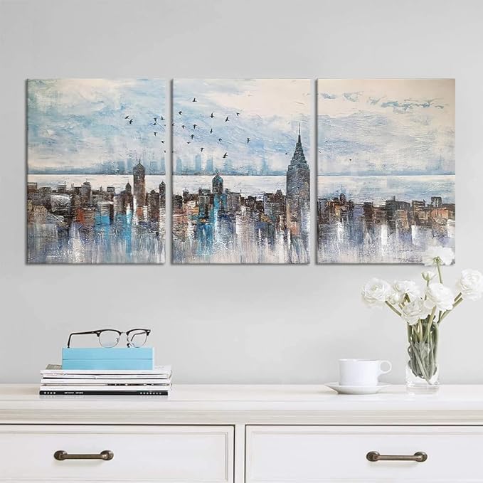 MAMAGO Modern City New York Landscape Wall Decor Skyline Birds Canvas Print Painting for Living Room Kitchen Bedroom Wall Art Framed Easy to Hang-12x16 inch x3pcs