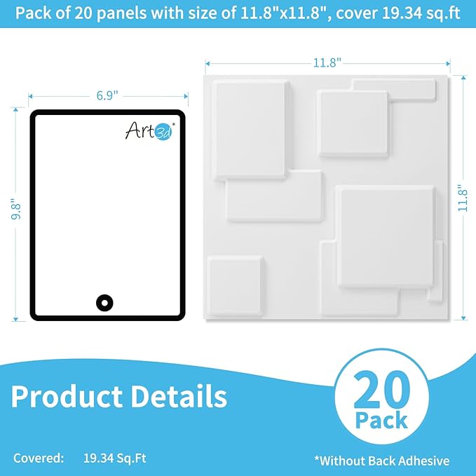 Art3d 20 Pack Decorative 3D Wall Panels, 19 Sq.Feet PVC Interior Wall Décor, 11.8"x11.8", White