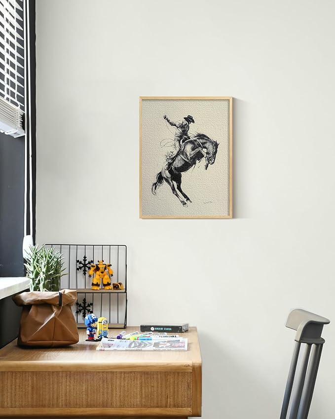ARPEOTCY Small Framed Canvas Wall Art, 12x16in, Vintage Sketch Cowboy Horse Art, Western Room Wall Decor for Bedroom Shelf, Country Retro Artwork