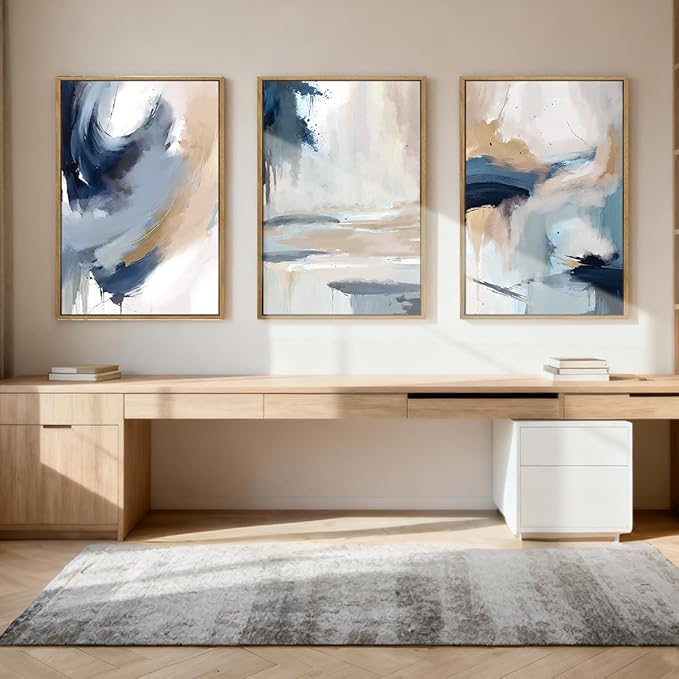 Large Blue Abstract Wall Art Framed Modern Artwork Neutral Wall Decor for Living Room Bedroom Office 16x24 Inch Set of 3