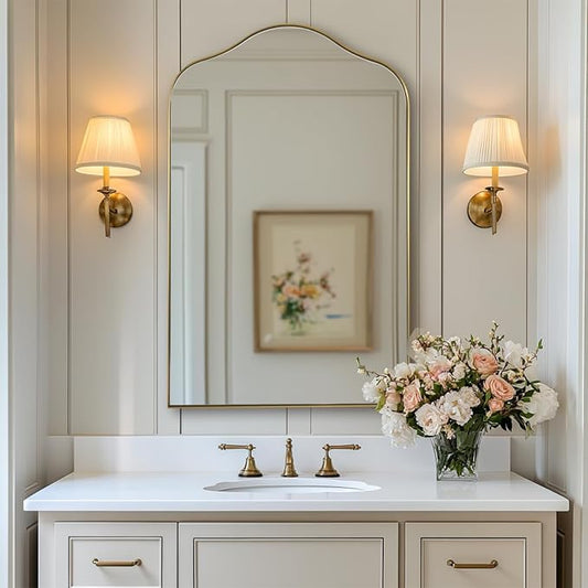 ANDY STAR Brass Scalloped Arched Wall Mirror, 22x35 Brushed Gold Irregular Bathroom Mirror with Curved Design for Vanity, Powder Room, Fireplace, Mantel, Stainless Steel Frame