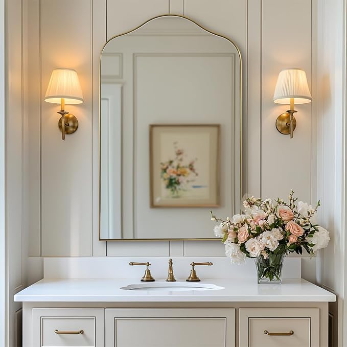 ANDY STAR Brass Scalloped Arched Wall Mirror, 20x30 Brushed Gold Irregular Bathroom Mirror with Curved Design for Vanity, Powder Room, Fireplace, Mantel, Stainless Steel Frame, Anti-Rust