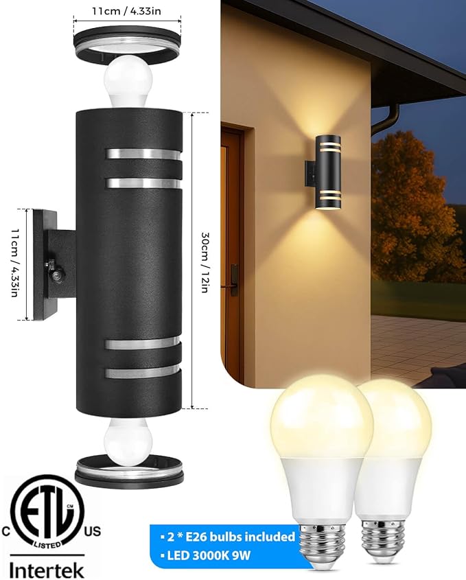 KIZON Modern Outdoor Wall Lights with Dusk to Dawn Sensor, ETL Listed Cylinder Outdoor Light Fixture Wall Mount, Matte Black Porch Light Outside Lights for House Porch, Bulbs Included