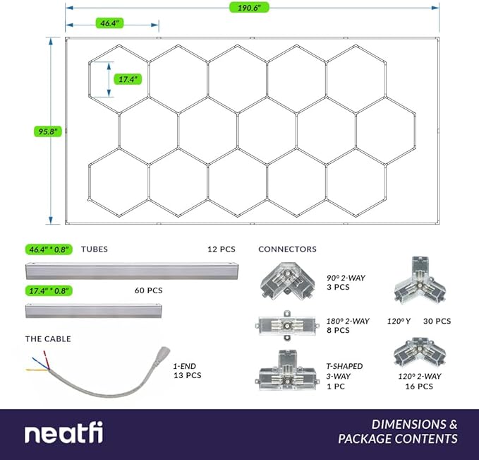 Neatfi LED Hexagon Garage Light 60,720 Lumens, 552W, Honeycomb Ceiling Light for Car Detailing, Auto Shops, Workshop, Warehouse, and Gym (15 Hex Grids, Blue)