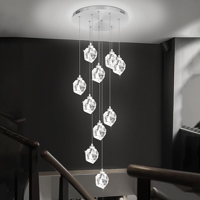 Long Crystal Chandelier Silver 10-Light Spiral Stair Chandeliers for High Ceilings Foyer Entryway Flush Mount Ceiling Lights LED Dimmbale 3000-6000K
