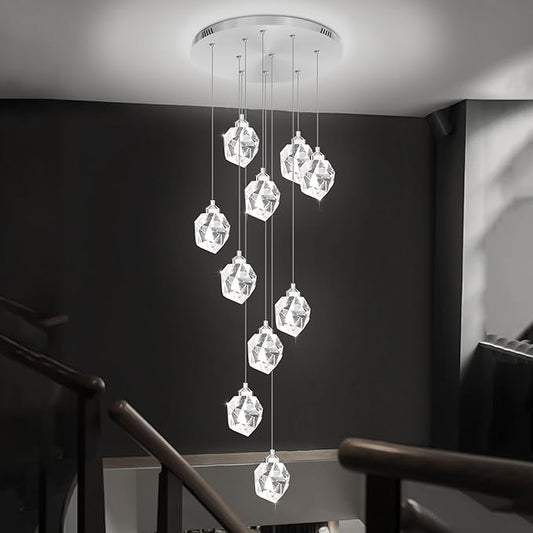 Long Crystal Chandelier Silver 10-Light Spiral Stair Chandeliers for High Ceilings Foyer Entryway Flush Mount Ceiling Lights LED Dimmbale 3000-6000K