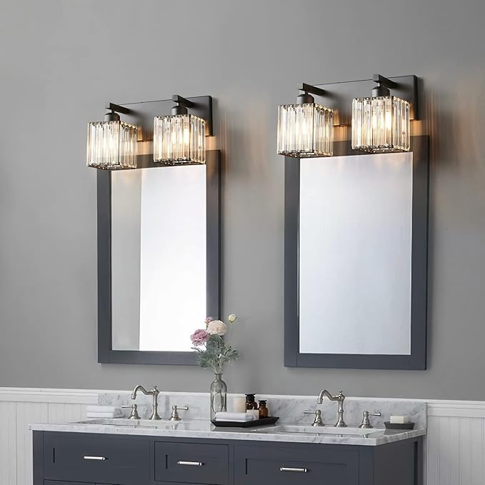 Modern Bathroom Vanity Light 2-Lights Black Crystal Bathroom Wall Light Vanity Light Fixtures，12.59-inch Modern Minimalist Design