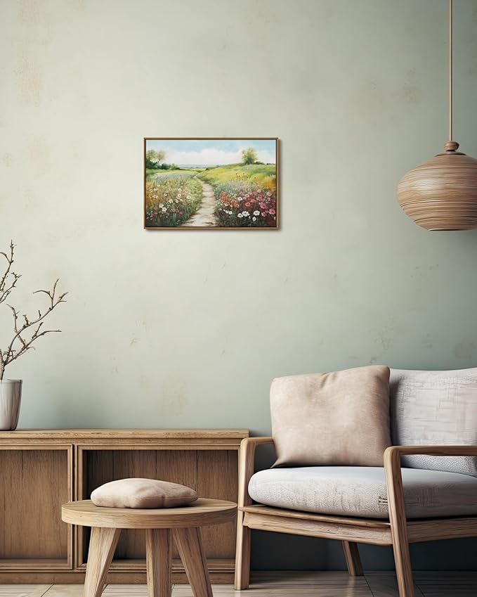 KISSFOX Vintage Framed Wall Art Decor Modern Farmhouse Spring Landscape Pictures Paintings Wall Decor Rustic Wildflower Canvas Art Prints Nature Countryside Artwork For Bedroom Kitchen Living Room