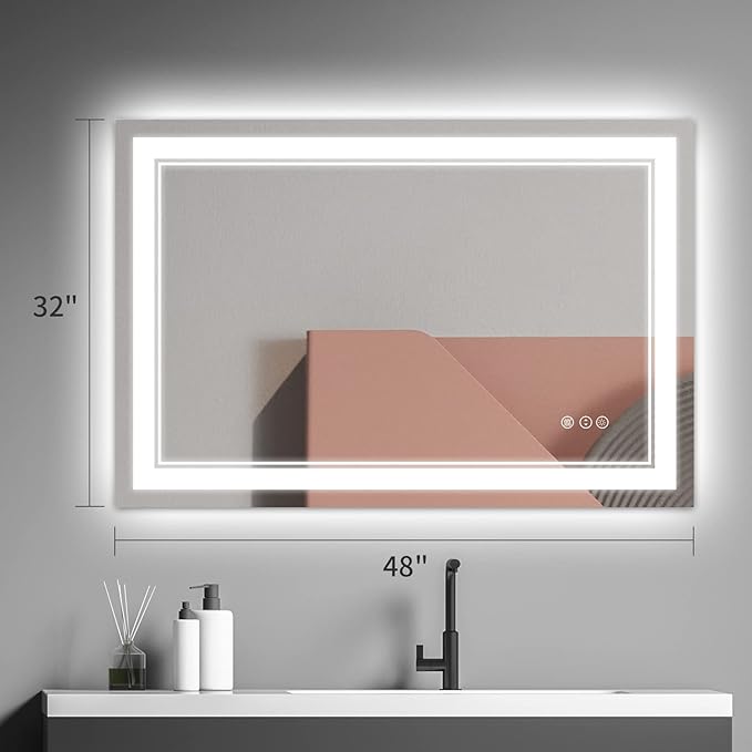 48x32 Inch LED Bathroom Mirror, Front Light and Backlit Anti-Fog Dimmable Memory Lighted Vanity Mirror, Shatterproof Wall-Mounted Led Mirror for Bathroom