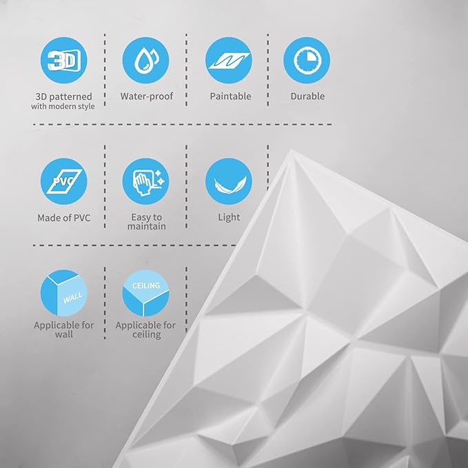 Art3d 19.7" x 19.7" (Pack Of 12) Wall Panel Diamond, White