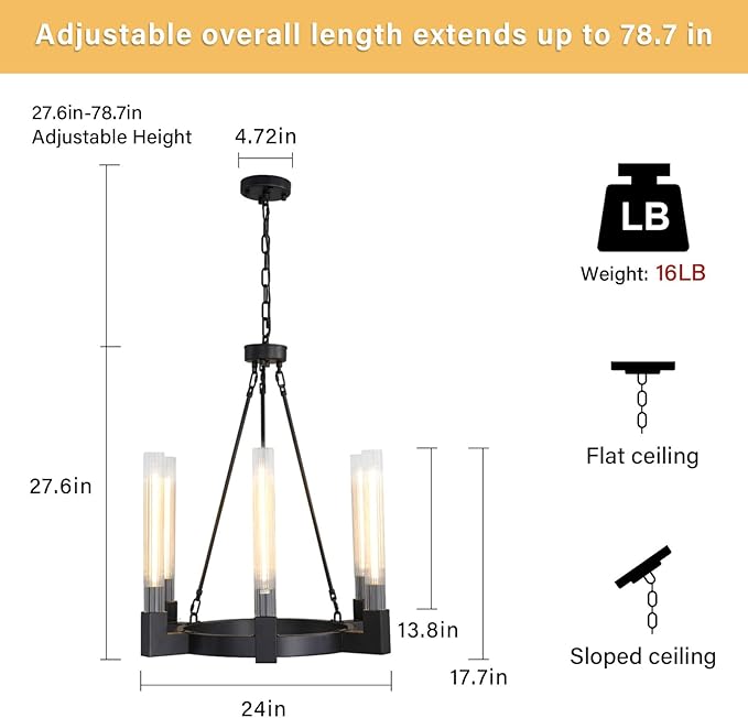 Black Farmhouse Wagon Wheel Chandelier with Glass Tube, 23.6 Inch Large Round 6-Light Luxurious Chandelier Fixture Ceiling Pendant Lighting for Living Room, Dining Room, Bedroom, Foyer