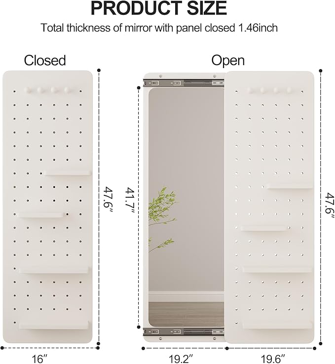 KungFuWood Full Length Mirror with Shelf and Hooks,Entry Way Mirrors for Wall,Wall Mirror with Shelf,Wall Mirror with Storage Multifunctional Design Panel,Living Room