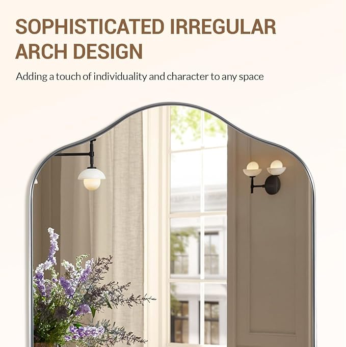 ANDY STAR Scalloped Arched Mirror, 30x40 Brushed Nickel Irregular Bathroom Mirror for Vanity, Asymmetrical Curved Top with Anti-Rust Stainless Steel Frame, for Entryway, Bedroom, Mantel, Fireplace
