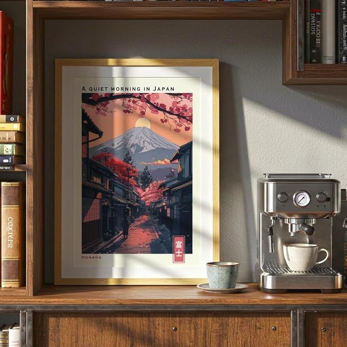 Mount Fuji Poster, Japanese Wall Art Print with Cherry Blossoms, Vintage Travel Landscape Artwork, Japandi Asian Home Decor for Living Room, Bedroom or Office (Unframed) (12x18)